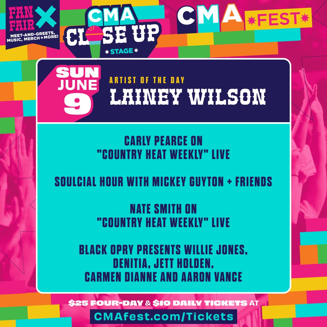 Excited for my first @cma Fest this year! 
I’m hosting a Meet & Greet at #CMAfest in Fan Fair X  6/7 from 10AM - 10:30AM. I’ll be playing with @BlackOpry on the CMA Close Up Stage 6/9. This is all to support the @cmafoundation😊✨ 

Tickets: cmafest.com/FanFairX/