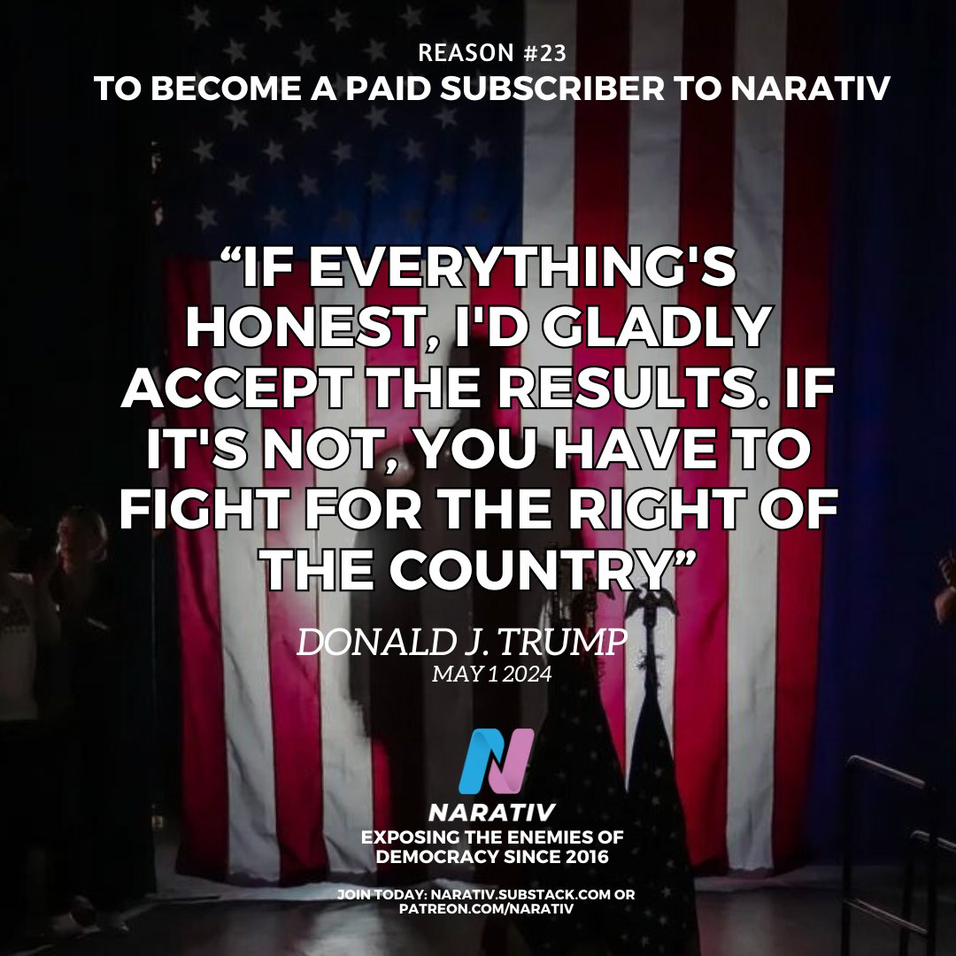 Yesterday, at a rally in Waukesha, Wisconsin, Donald Trump again refused to accept this year's election results if he lost. This is another good reason to become a paid Narativ subscriber on Substack or Patreon. We've been right about Trump since 2016.