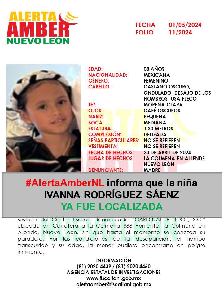 📣 SE DESACTIVA #AlertaAMBER Agradecemos su colaboración, la niña IVANNA RODRÍGUEZ SÁENZ ya fue localizada. #AlertaAmberNL