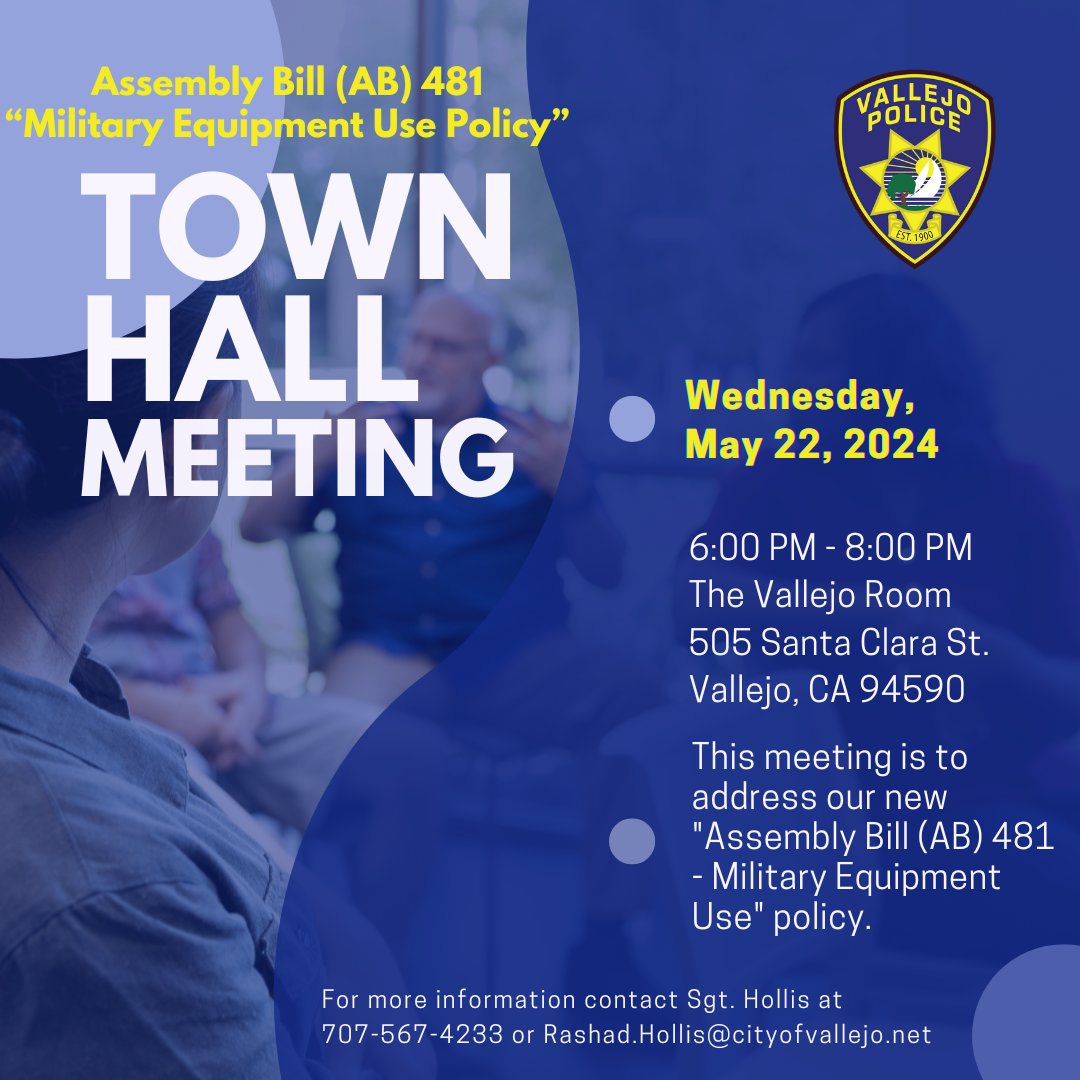 Vallejo police announced a town hall meeting to discuss the department's use of military equipment today. This is a legal requirement that VPD didn't do for two years until @ZZZZZZZZZZZack asked about it. Read Zack's @thevallejosun report here: vallejosun.com/vallejo-police…