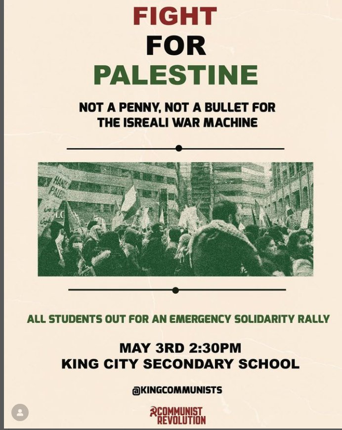 As the @yrdsb commemorates #Jewish Heritage Month, it is ironic that one of its schools is marking it with an #antisemitic solidarity rally for #Palestine. If anything, that seems to be the opposite of inclusivity. @yrdsbinclusion @KCSS_YRDSB