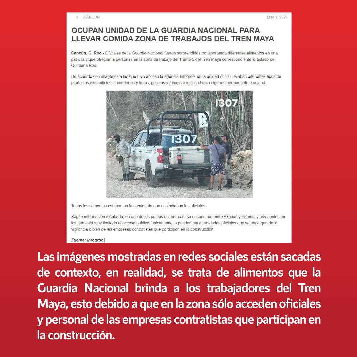 ❌Falso que elementos de la @GN_MEXICO_  'vendan comida en tramo 5 del @TrenMayaMX'

✅Las imágenes mostradas están sacadas de contexto, ya que, son alimentos que la #GuardiaNacional brinda a trabajadores del Tren Maya, debido al acceso restringido de la zona…