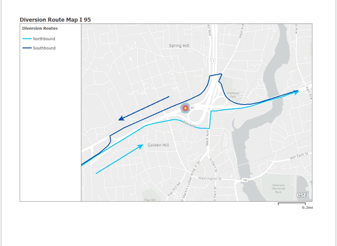 TRAFFIC DIVERSION ROUTES: All traffic should avoid I-95 in Norwalk due to the ongoing closure in both directions and follow the established detours seen below.