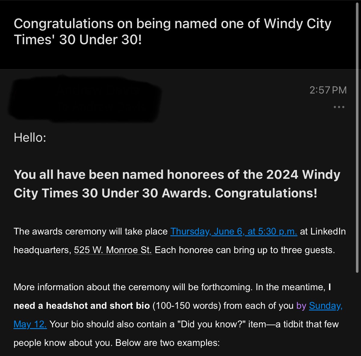 Thank you Windy City Times for honoring me as part of the 2024 30 under 30 (don't worry, I still qualified, I checked)! I don't even know what I've done to earn this recognition but I am very grateful. I'll make sure I'll send in that bio soon!