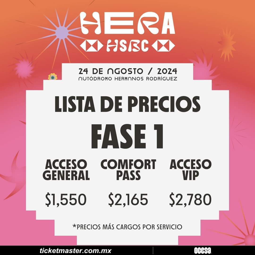 ¡Qué precios tan amigables! 

Salen a la venta los boletos para el #FestivalHeraHSBC en fase 1. ❤️‍🔥⚡️

¿Cuántos van a comprar? 

🎟 #GranVentaHSBC: 2 y 3 de mayo
🎟 Venta general: 4 de mayo

#FestivalHera #FestivalHera2024