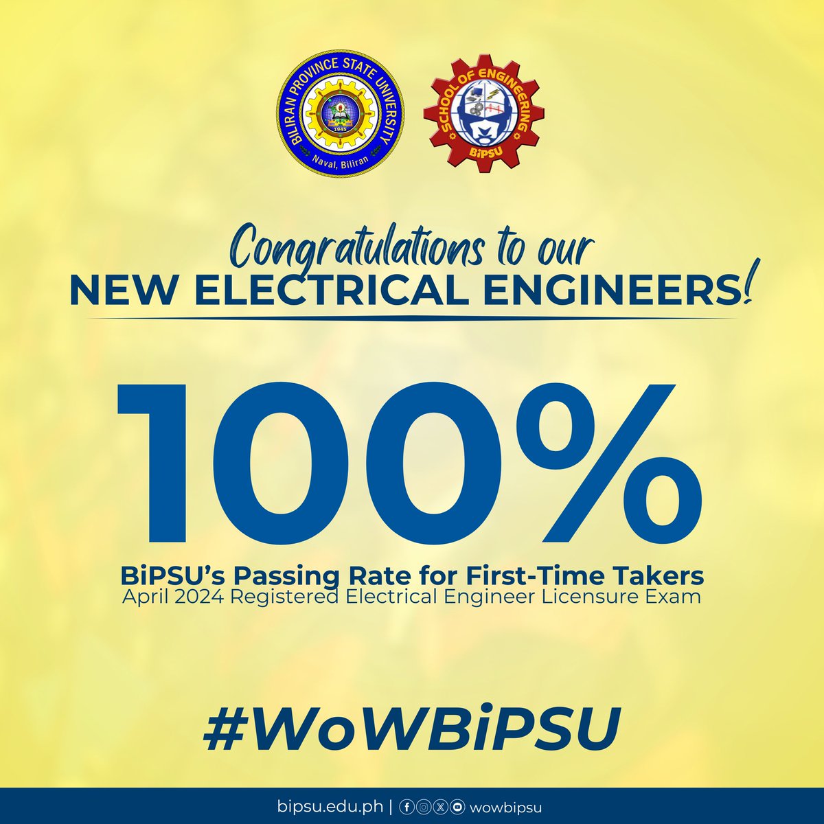 Biliran Province State University (BiPSU) is proud to announce that all first-time takers from its Electrical Engineering program have successfully passed the April 2024 Registered Electrical Engineer (REE) Licensure Examination, achieving a commendable 100% passing rate.