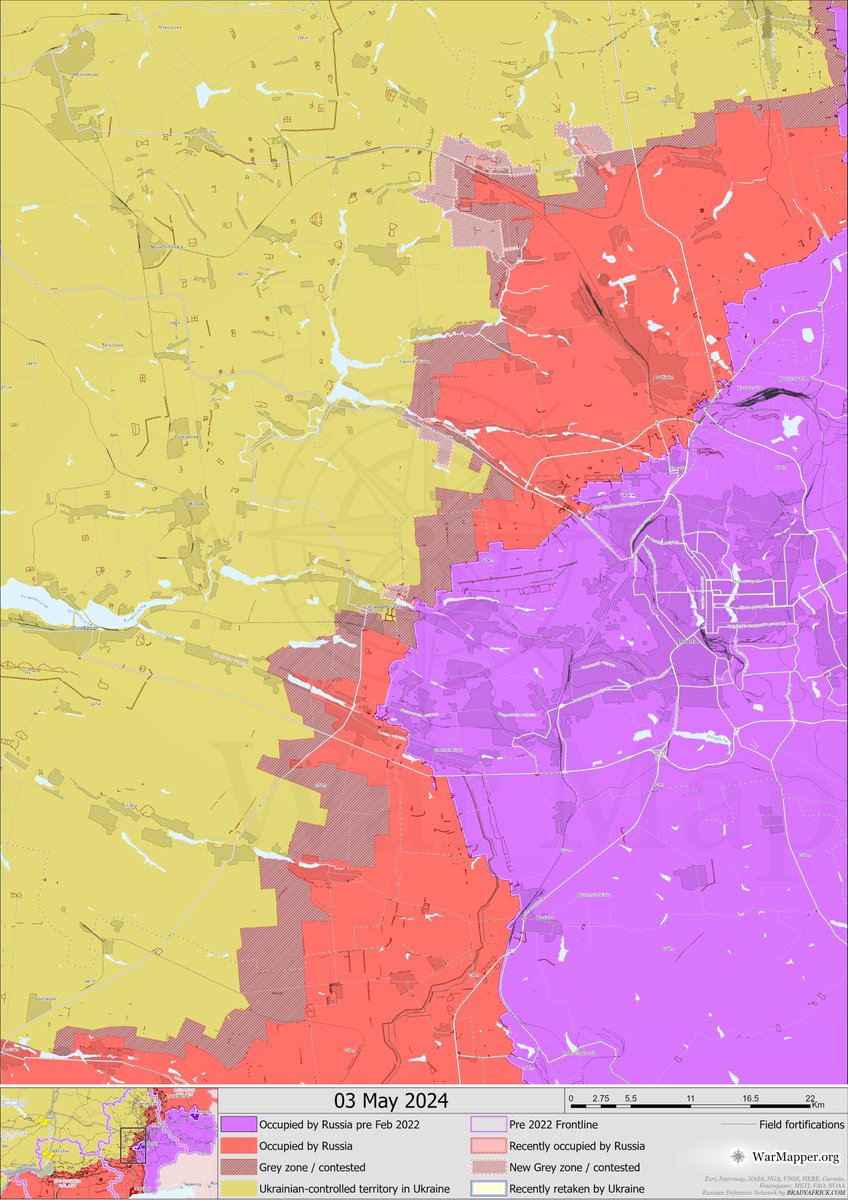 A wider view of the situation on the Donetsk frontline as of 03/05/2024.