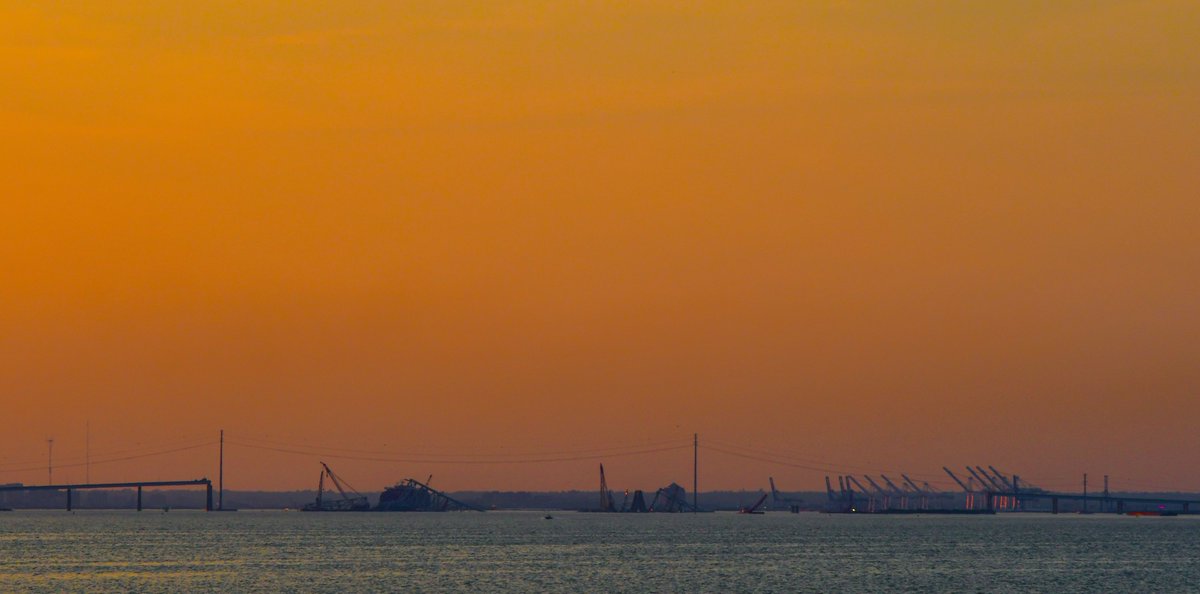 Hazy sunset over the Francis Scott Key Bridge Collapse Site. 

#KeyBridge #KeyBridgeNews #KeyBridgeCollapse #Maryland