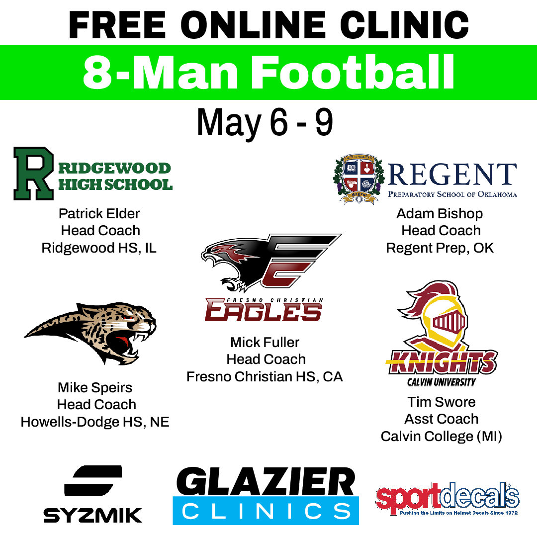FREE 8-man clinic as part of our online clinic series. Join us thanks to SYZMIK Sports @SYZMIKHeadGear and Sportdecals @Sportdecals register here ⬇️ glazierclinics.com/8-man-football… @elderpa @CoachRexRhino @CalvinKnightsFB @RHSRebelPride @MrSpeirsMath