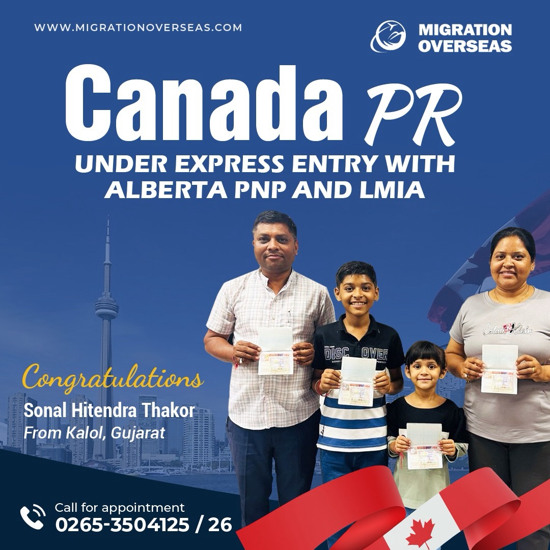 Congrats Mrs. Sonal Hitendra Thakor and family from #Kalol #Mehsana for getting #Canada 🇨🇦 #PR under #Alberta #PNP #ExpressEntryStream with the help of #JobOffer in total 14 months. Call 0265-3504125 for appointment. #MigrationOverseas #LatePost