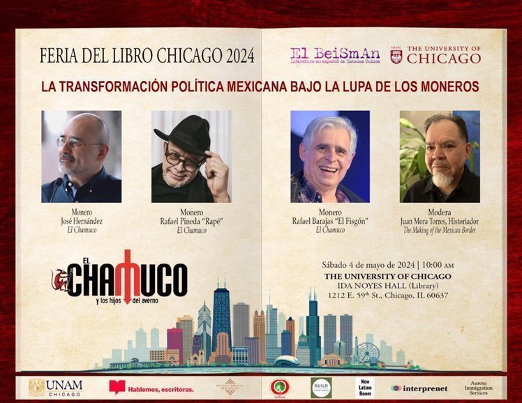 #AgendaChamuco 📆 Feria del libro Chicago || “La transformación política bajo la lupa de los moneros”. Participan: @monerohernandez, @fisgonmonero, @monerorape y Juan Mora Torres. Sábado 04 de Mayo 2024, 10 am. The University of Chicago, IL.