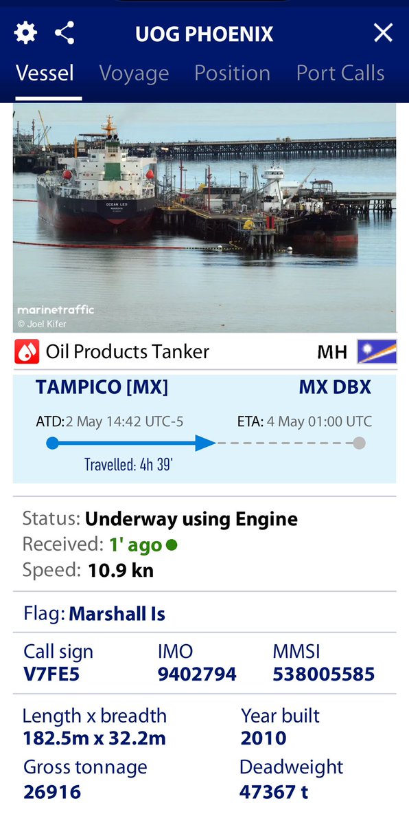 @zviperco Ciertamente el buque-tanque “UOG PHOENIX”, saliendo de Tampico, va con destino a Dos Bocas.