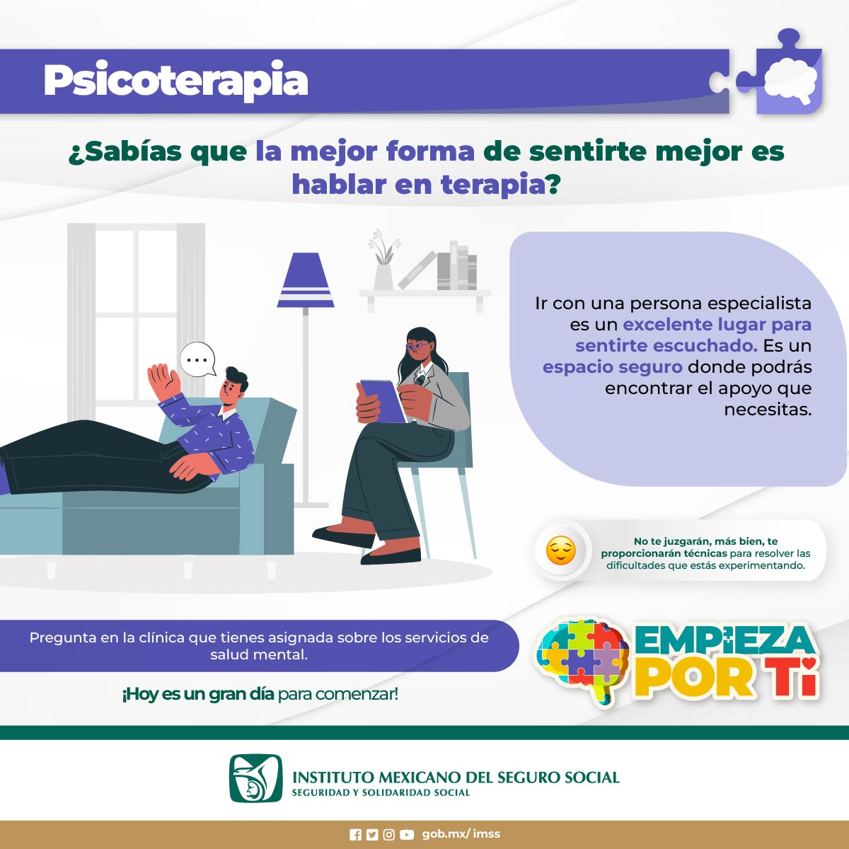 ¿Sabías que la mejor forma de sentirte mejor es hablar en terapia?

➡️ No te juzgarán, más bien, te proporcionaran técnicas para resolver las dificultades que estás experimentando.

En salud mental, #EmpiezaPorTi 🧠