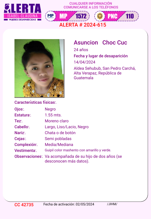 #AlertaIsabelClaudina
🚨 Ayúdenos a encontrar a
Asuncion Choc Cuc
Desapareció el 14 de abril de 2024
Cualquier información comunicarse al teléfono 📞 1572
Gracias por difundir esta información❗