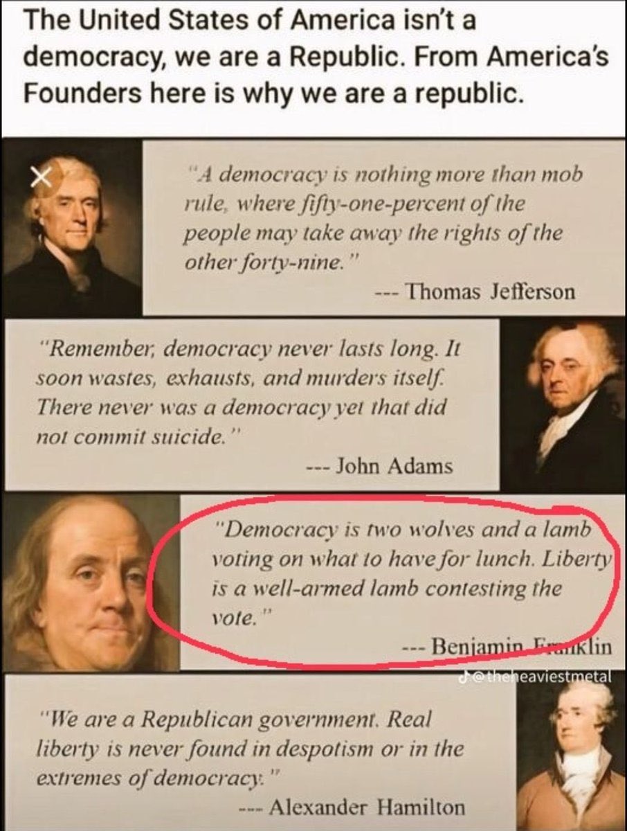 @AlanTalbott1 @realaltrump2024 Hey! America isn’t and has never been a democracy! You want that, go live somewhere else!
