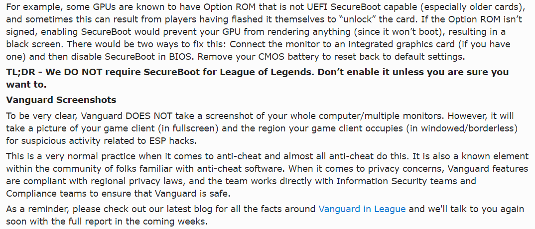 Update on Vanguard roll out in League