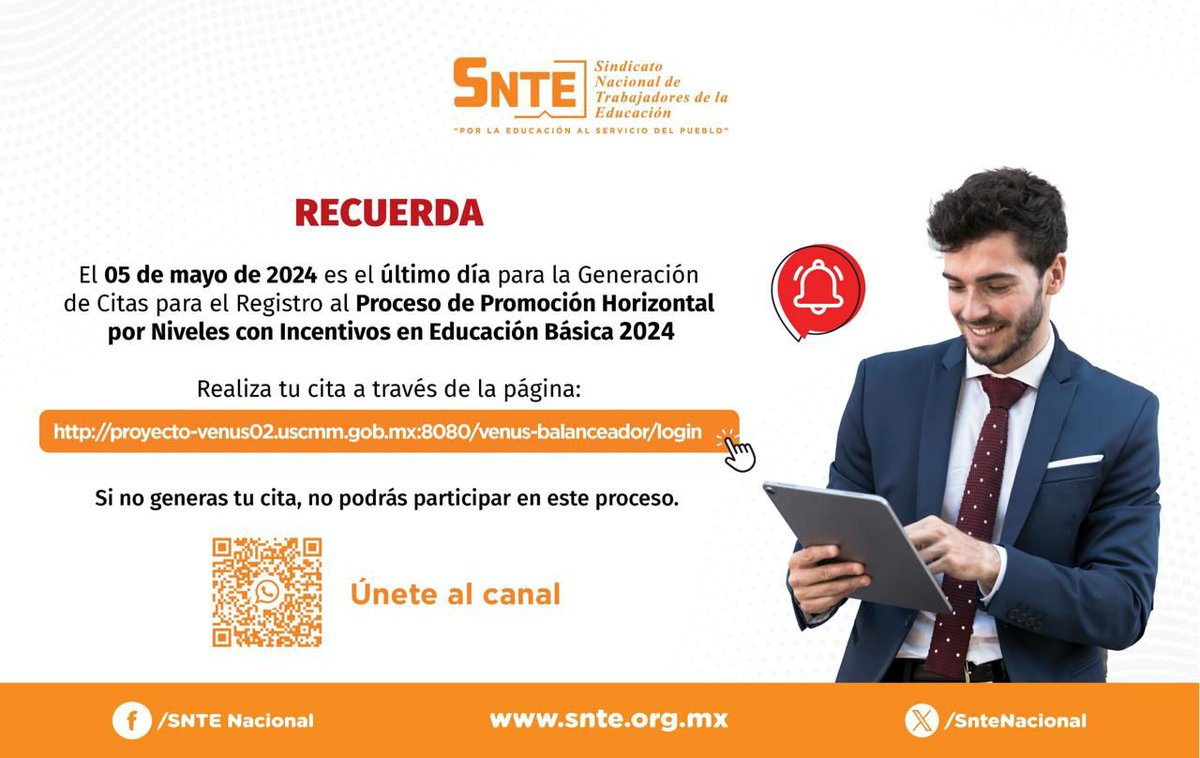 📢 AVISO IMPORTANTE 
#preSNTE55
 👉🏽 Proceso de Promoción Horizontal por Niveles con Incentivos en Educación Básica 2024 

Recuerda que el #05deMayo de 2024 es el último día para el Registro al Proceso. 🗓️

No olvides obtenerlo a través de la página: 👇🏽

acortar.link/Y1L4N6