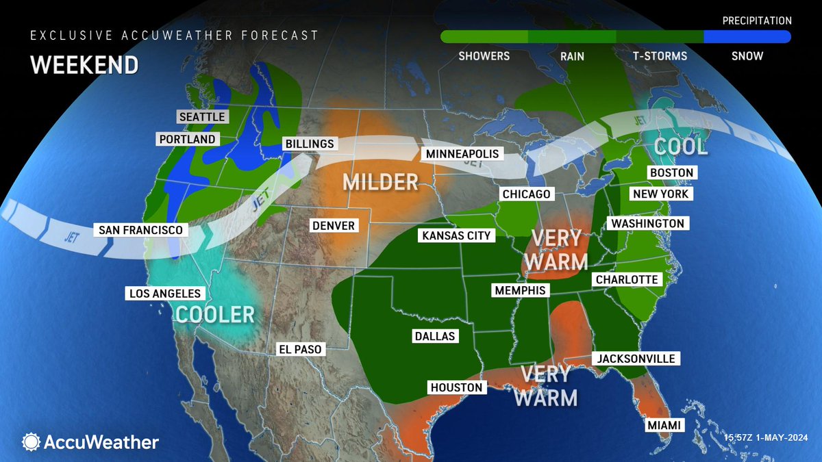 WEATHER @accuweather Thursday Night • Tonight: Partly cloudy and mild. Low 59. • Tomorrow: Partly sunny and remaining very warm with a thunderstorm in the afternoon. High 87. • Saturday: Cloudy and cooler with a couple of showers and a thunderstorm. High 69.