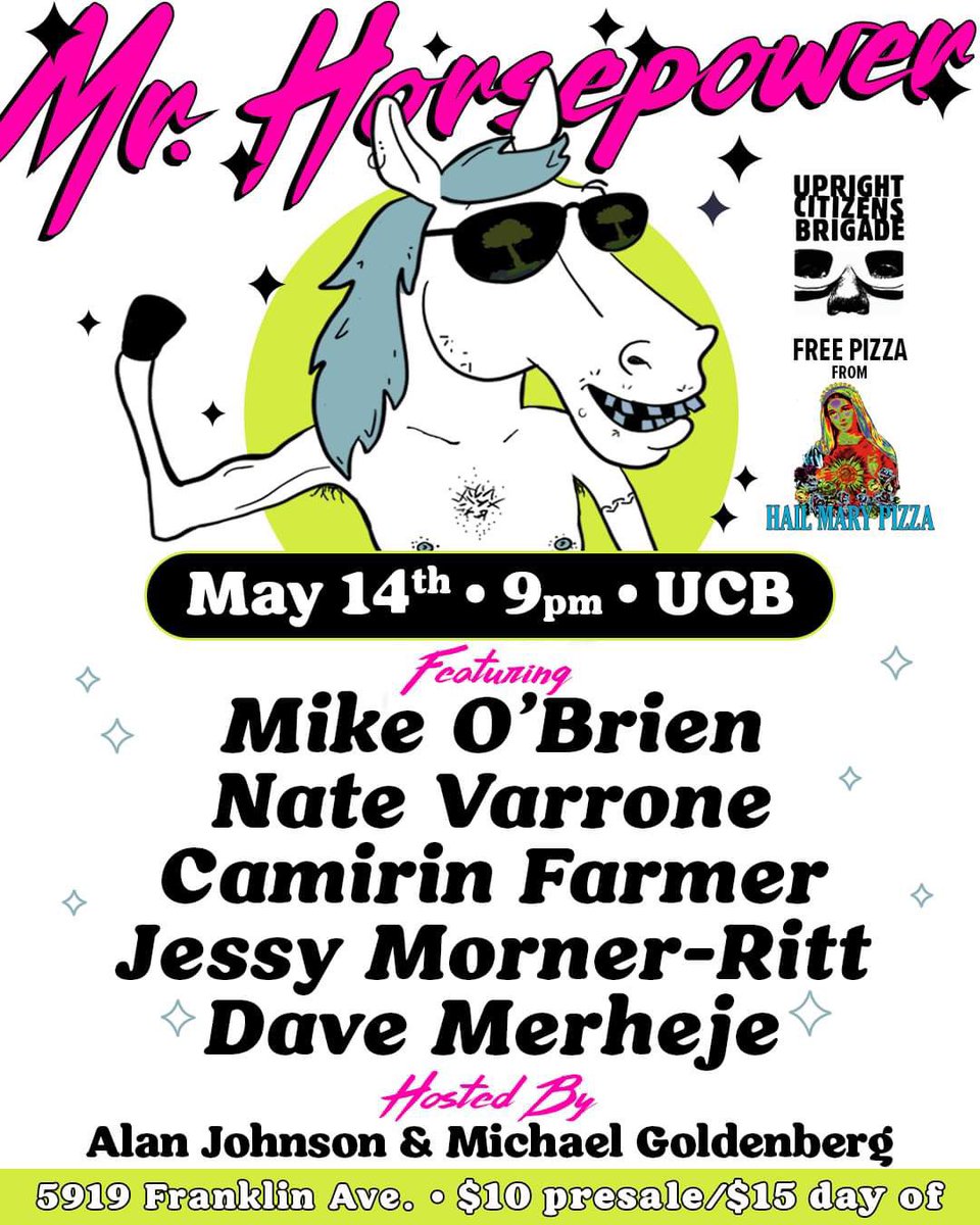 Naked Comedy (@naked_comedy) on Twitter photo Babe the lineup for our monthly comedy and pizza date night just dropped:
<a href="/MikeOBrienXOXO/">Mike O'Brien</a> <a href="/natevarrone/">Nate Varrone</a> @camirinfarmer <a href="/JessyMornerRitt/">Jessy Morner-Ritt</a> @DaveMerheje <a href="/BRAIN__GOD/">BRAIN GOD</a> & <a href="/alanjohnson____/">Alan Johnson</a>!
#LA TUES 5/14 <a href="/ucbtla/">UCB Theatre LA</a> 9p #FREE pizza & NOW INCLUDING #LIVESTREAM:
ucbcomedy.com/show/mr-horsep… Babe the lineup for our monthly comedy and pizza date night just dropped:
<a href="/MikeOBrienXOXO/">Mike O'Brien</a> <a href="/natevarrone/">Nate Varrone</a> @camirinfarmer <a href="/JessyMornerRitt/">Jessy Morner-Ritt</a> @DaveMerheje <a href="/BRAIN__GOD/">BRAIN GOD</a> & <a href="/alanjohnson____/">Alan Johnson</a>!
#LA TUES 5/14 <a href="/ucbtla/">UCB Theatre LA</a> 9p #FREE pizza & NOW INCLUDING #LIVESTREAM:
ucbcomedy.com/show/mr-horsep…