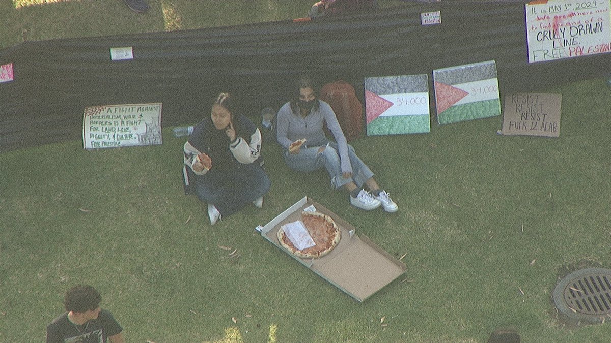 The University California of San Diego Gaza solidarity encampment asked the public to halt monetary and supply donations for the time being, according to organizers. Aerial photos showed an overflow of medical, hygienic, and food supplies stored in a tent dubbed 'Tenter Joes.'