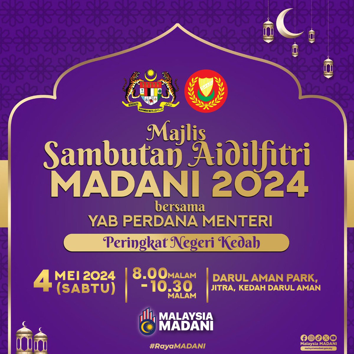 Saya ingin menjemput seluruh masyarakat di Negeri Kedah untuk bersama-sama hadir memeriahkan Majlis Sambutan Aidilfitri MADANI 2024 bersama-sama YAB Perdana Menteri, Dato’ Seri Anwar Ibrahim pada 4 Mei 2024 bermula jam 8 malam di Darul Aman Park, Jitra Kedah.

#MalaysiaMadani