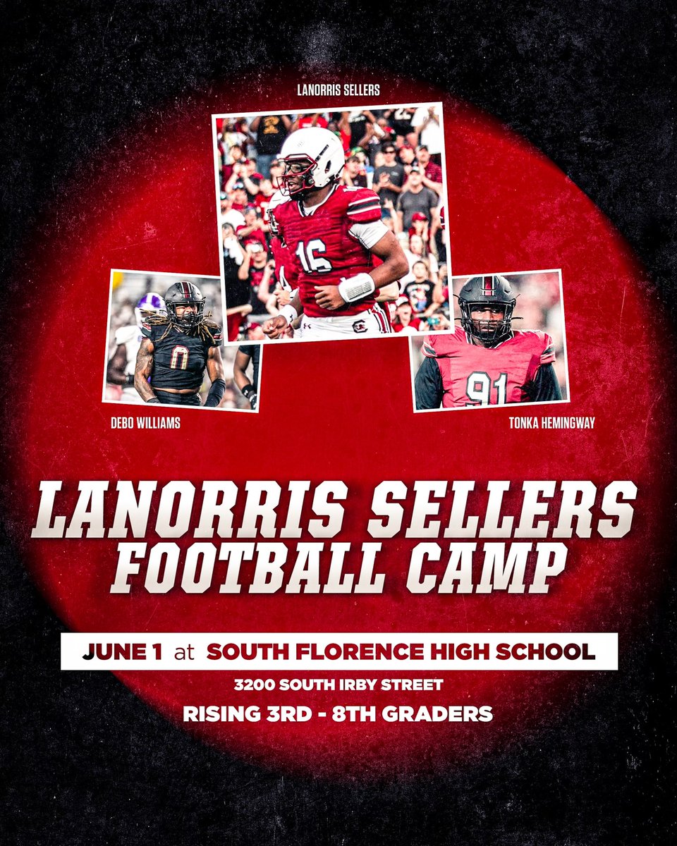 Make plans to attend the LaNorris Sellers Football Camp this summer! 🗓️: Saturday, June 1st 📍: South Florence High School ⏰: 8:30-11:30 AM 🎟️: FREE! Follow this link to sign-up: docs.google.com/forms/d/e/1FAI…