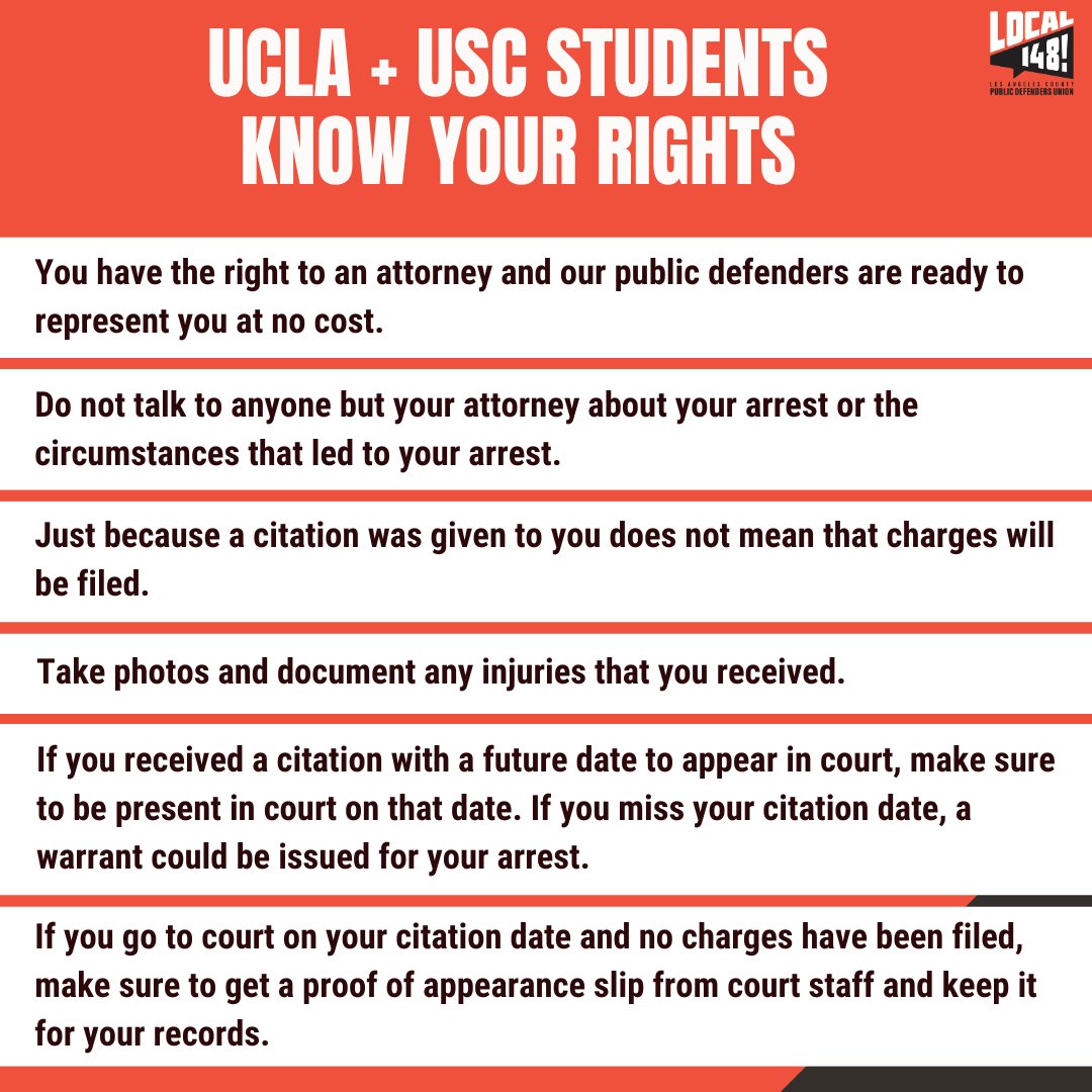 We are ready to represent anyone arrested in the outrageous police raids at #USC and #UCLA. Know that: 1. You have the right to an attorney and our public defenders are ready to represent you at no cost.