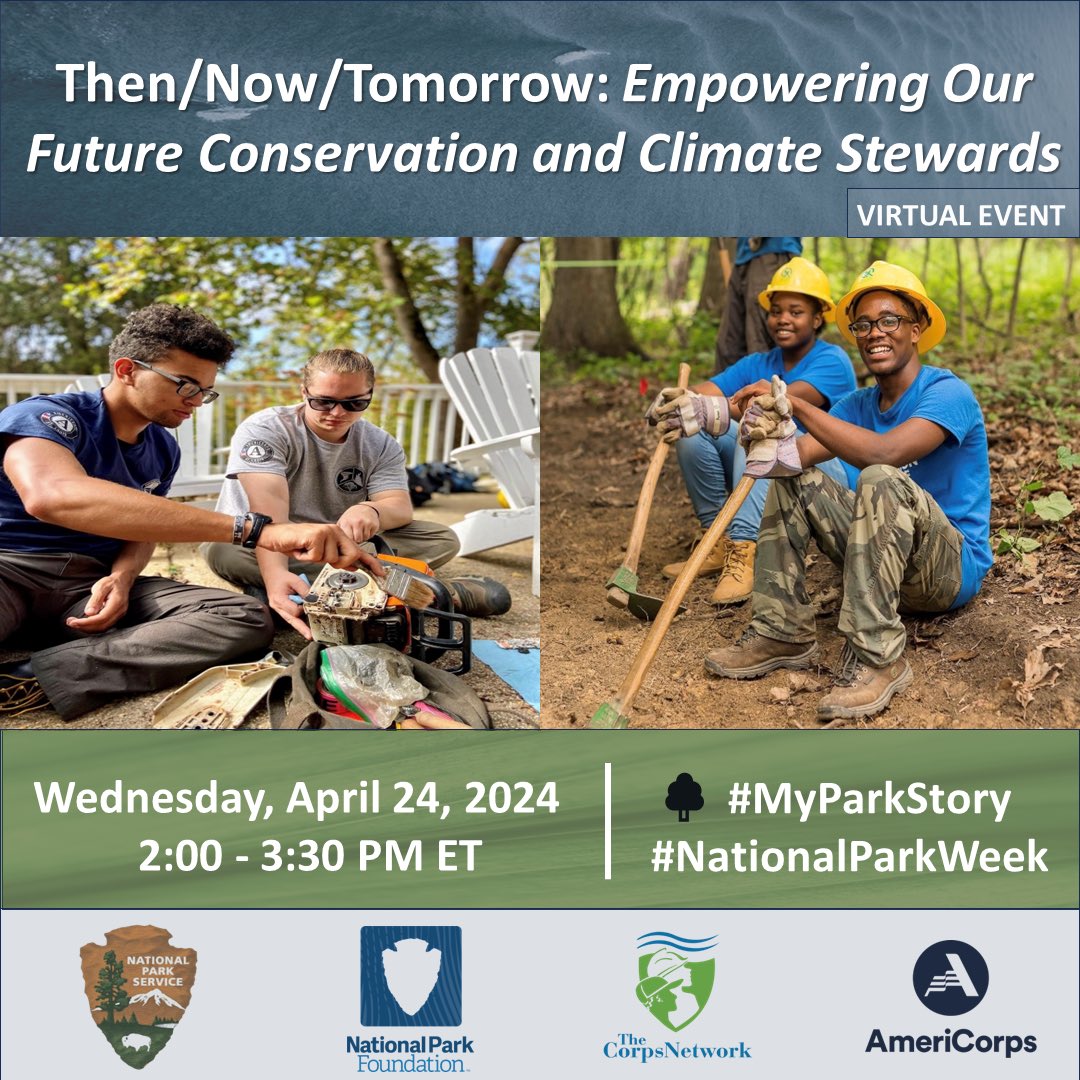 Watch the recording of our 🌳 #NationalParkWeek virtual event “Then/Now/Tomorrow: Empowering Our Future Conservation and Climate Stewards” ➡️   🟢 Event Page: nps.gov/subjects/youth… 🟢 YouTube: youtube.com/watch?v=1DZbLI… #NPSYouth #YourParkStory #Conservation