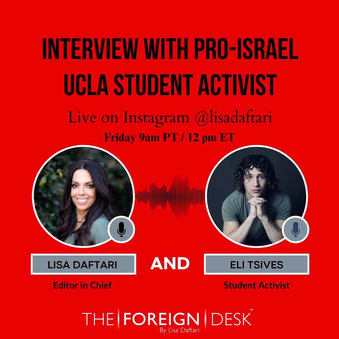 Tomorrow! Come watch my interview with brave UCLA freshman Eli Tsives who has stood up to intimidation, bullying and checkpoints on campus. We will be live on Instagram @lisadaftari