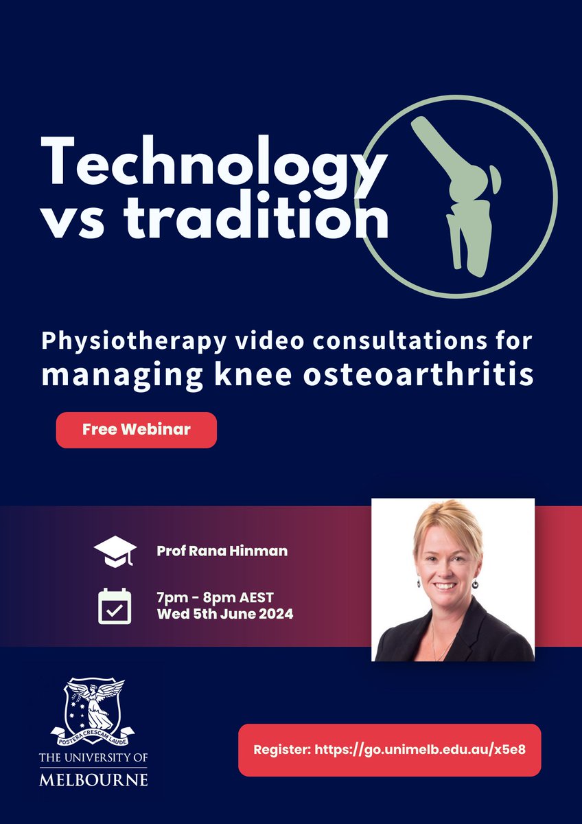 Free webinar! Prof @HinmanRana will discuss the findings of the recently published @TheLancet article: The PEAK non-inferiority RCT compared #physiotherapy videoconferencing to in-person care for knee #osteoarthritis Details: go.unimelb.edu.au/x5e8