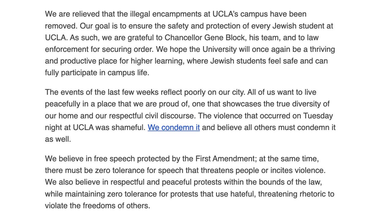 In an email commending UCLA Chancellor Gene Block for clearing the encampment, the Jewish Federation of Los Angeles says the violence that occurred there Tuesday night was 'shameful.' 'We condemn it and believe all others must condemn it as well.'