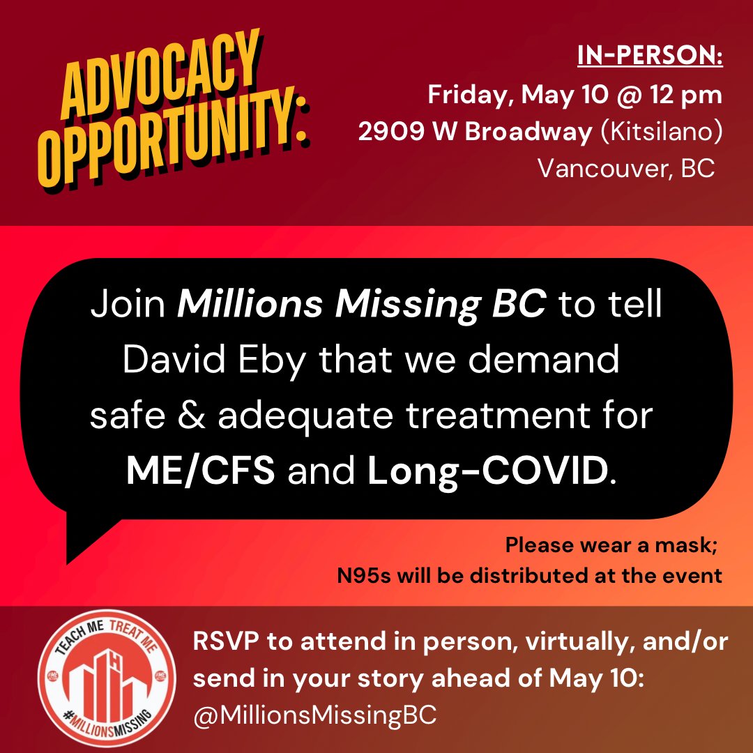 Join our friends @MillionMissCan (BC) / @MEActNet on Friday, May 10 @ 12pm to tell @Dave_Eby that we demand safe and adequate healthcare for folks with #MECFS and #LongCovid. Learn more about the event and RSVP: facebook.com/events/s/milli…