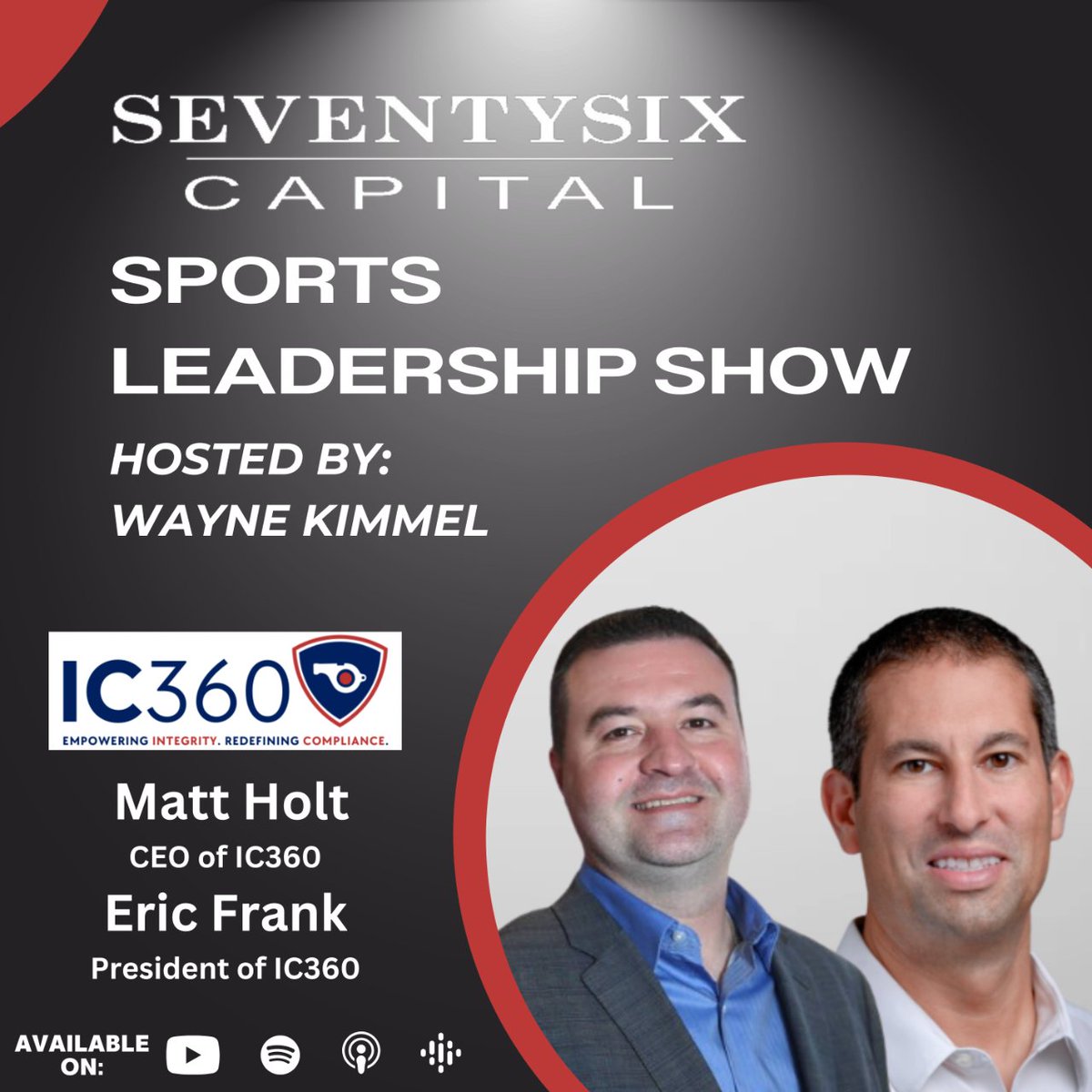 🎙 Tune into the latest episode of the SeventySix Capital Sports Leadership Show as @waynekimmel interviews @MatthewHoltUSI and @ericdanielfrank, the CEO and President of @_IC360. Full episode 👉 bit.ly/SSCSLS #SportsTechVC #Sportsbiz #SportsBetting #IC360 #Compliance