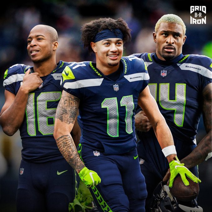 TodaySeahawks's tweet image. The #Seahawks are the ONLY NFC team in 2023 to have 3 wide receivers with:

- 600 yards
- 60 receptions
- 4 TDs

ELITE.