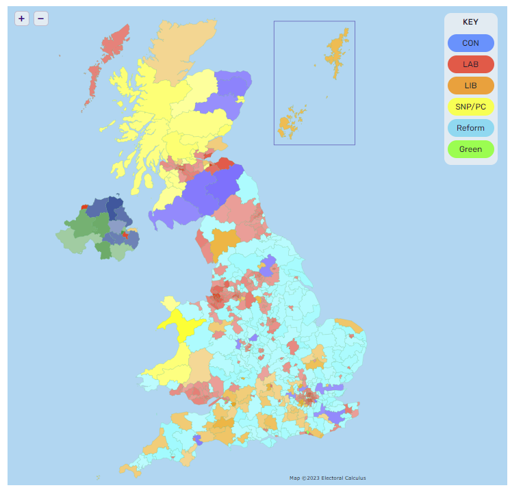 How this would look replicated nationwide Labour: 274 seats (+77) Reform UK: 247 seats (+247) Liberal Democrat: 69 seats (+61) Conservative: 17 seats (-359)