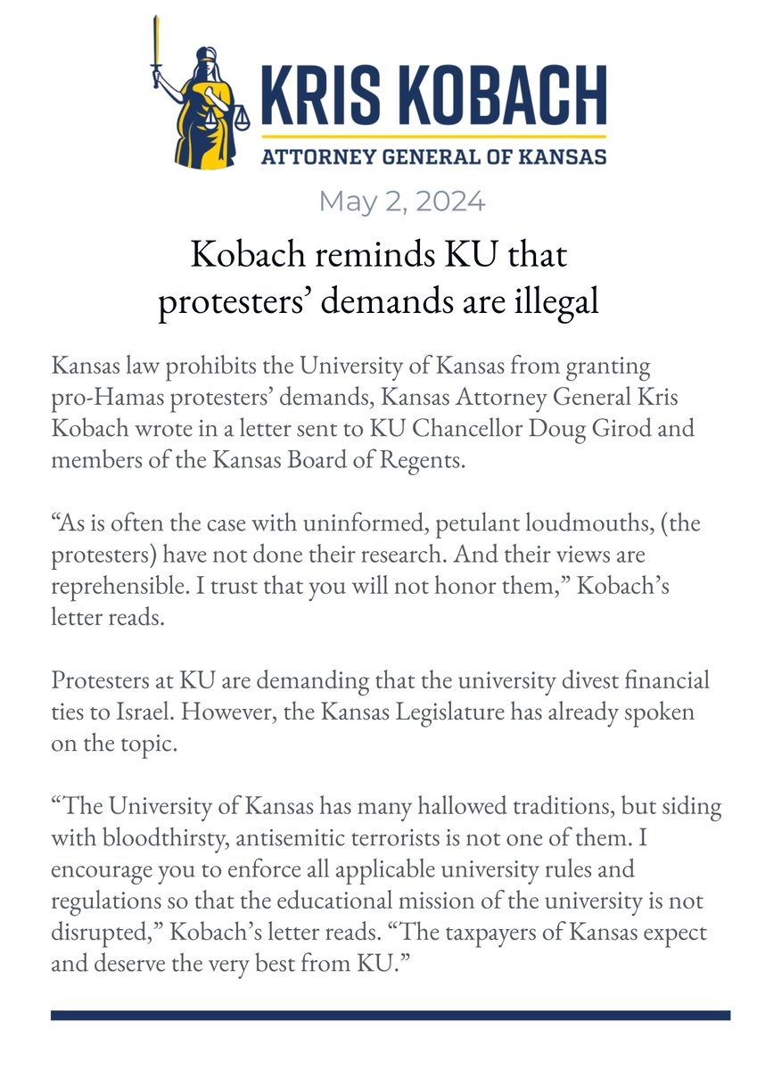 KU has many hallowed traditions, but siding with antisemitic terrorists is not one of them. KU should enforce all applicable rules and regs so the edu mission of KU is not disrupted. The taxpayers of KS expect and deserve the very best from KU. #ksleg #KU mailchi.mp/ag/kobach-remi…