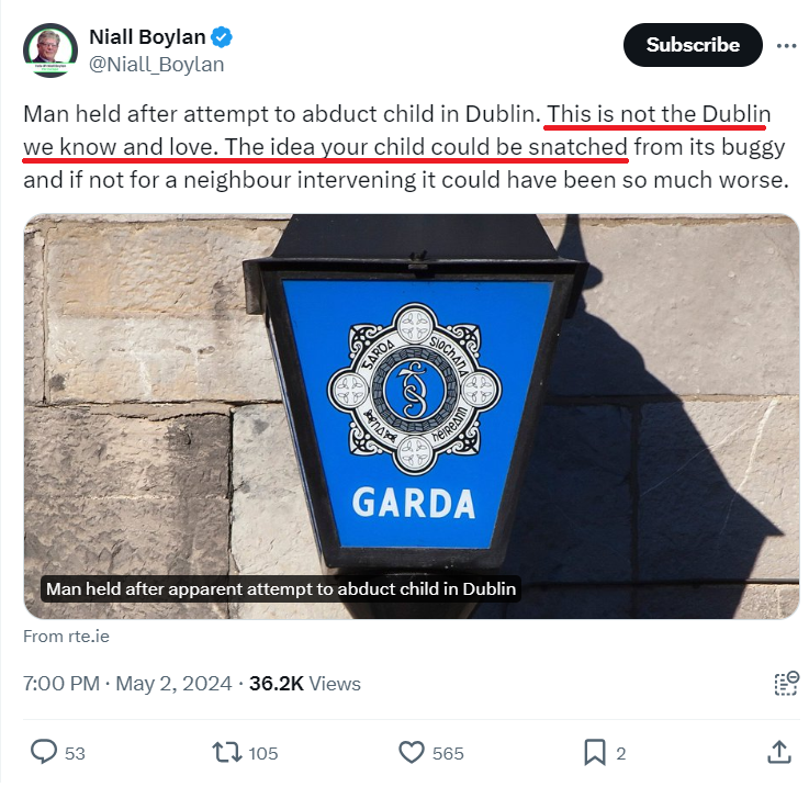 Good example of the cognitive dissonance and rose-tinted distortions I see daily, from this guy and his followers. Most of them seem to think the Ireland they grew up in was sunshine and rainbows. Probably because they only notice storm clouds if foreigners can be blamed. /1