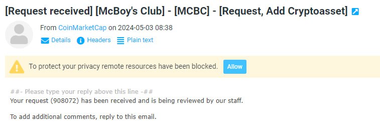 McBoy's Club has submitted listing request on <a href="/Coinmarketcap/">CoinMarketCap</a> with code (908072)