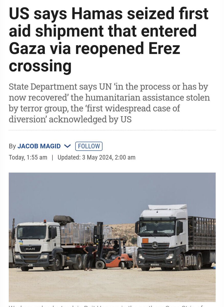 This marks the first widespread case of diversion of humanitarian aid by Hamas acknowledged by the US. This comes at the backdrop of months of denial that Hamas would ever do such a thing from many apologists.