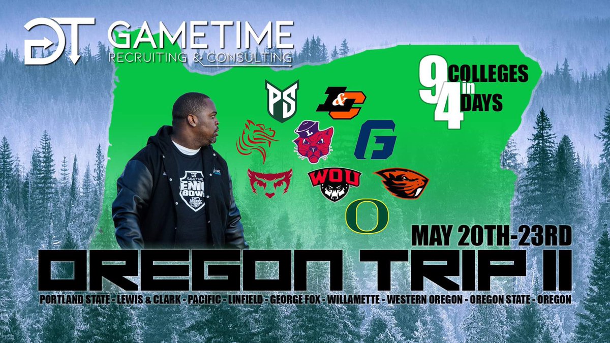 @GametimeRC is excited to head back to Oregon for our College Tour Part 2 on May 20th - 23rd!!! We will check out 9 schools in 4 days… Tour facilities. Talk to coaches. Receive valuable information about the school & More… ⭐️Any athletes interested in the College Tour, DM…