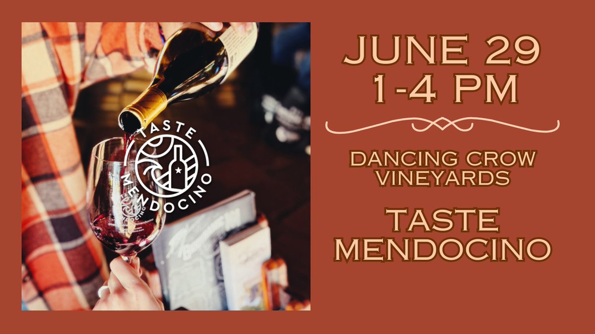 Taste Mendocino will feature great food and wine pairings from Mendocino County's Wine Country on June 29th from 1-4 pm at Dancing Crow Vineyards in Hopland. tastemendo.com
 #TasteMendocino #MendocinoWine #FoodAndWinePairing #WineTastingEvent #WineLovers #FreyWine #Wine