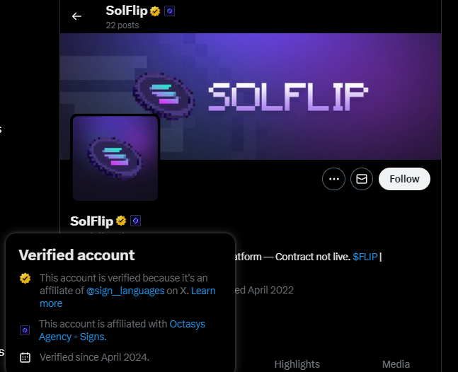 The account @SolFlipCoin $FLIP has dropped and it's a new scam from the same people that recently brought you SolEats. This account is gold-checked by fake sign language school @sign__languages. Do not play on their platform. Do not buy this token. It's all a big fat scam.…