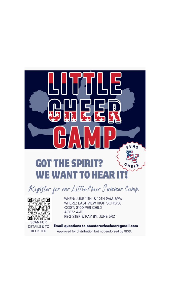 Get your Little Cheerleader registered for camp. Boys and Girls are welcome.
signupforms.com/registrations/…
<a href="/EvPatriots/">EV Patriot Nation</a> <a href="/GeorgetownISD/">Georgetown ISD</a> <a href="/PatriotPride13/">East View Football</a> <a href="/EVGirlsBkb/">East View Lady Patriots Basketball</a> <a href="/EastViewHS/">East View HS</a>
