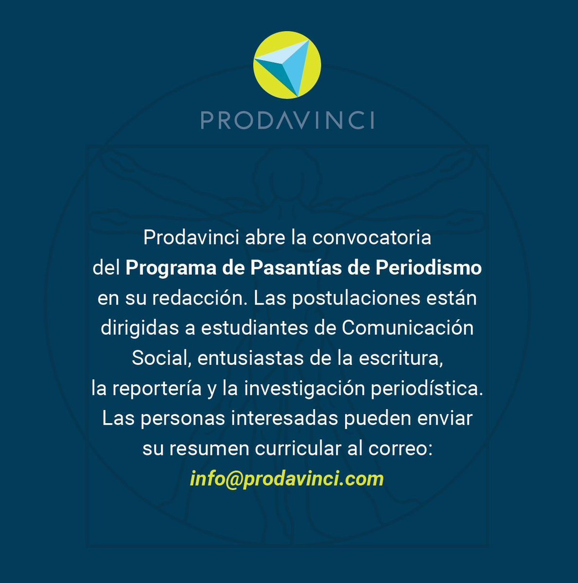 GIJN en Español (@gijnes) on Twitter photo 📣<a href="/prodavinci/">Prodavinci</a> abrió la convocatoria del Programa de Pasantías de Periodismo en su redacción. 🇻🇪
Las postulaciones están dirigidas a estudiantes, entusiastas de la reportería y la investigación periodística.
Si estás interesado manda un resumen curricular a: info@prodavinci.com 📣<a href="/prodavinci/">Prodavinci</a> abrió la convocatoria del Programa de Pasantías de Periodismo en su redacción. 🇻🇪
Las postulaciones están dirigidas a estudiantes, entusiastas de la reportería y la investigación periodística.
Si estás interesado manda un resumen curricular a: info@prodavinci.com