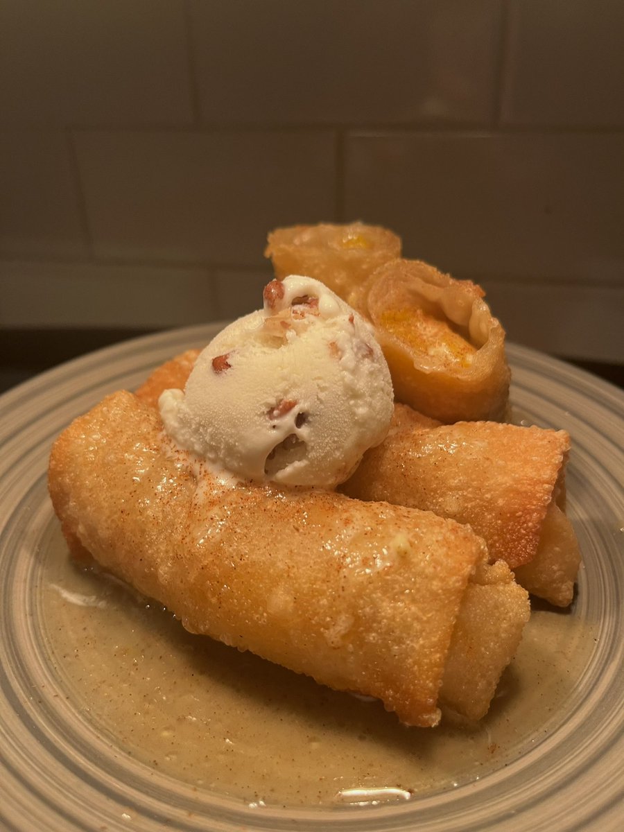 Tonight for dinner I made beef broccoli, orange chicken, and fried rice. For dessert I made peach cobbler egg rolls 😋🥰😊