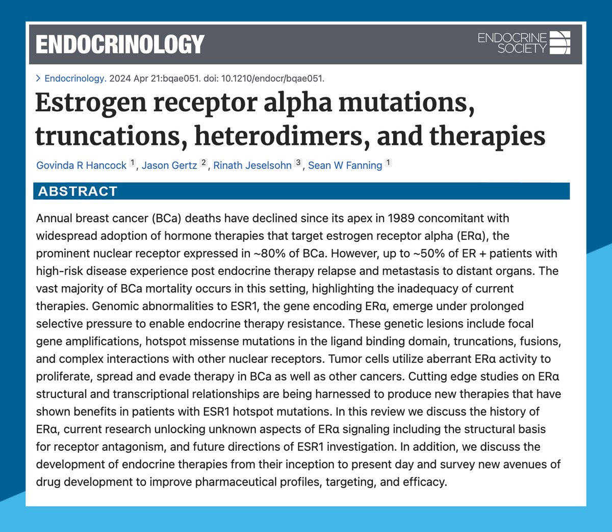 This excellent review on estrogen receptor alpha mutations, truncations, heterodimers, and therapies, goes into the history of ERα, current research unlocking unknown aspects of ERα signaling, and future directions of ESR1 investigation @RMJesel @GertzLab pubmed.ncbi.nlm.nih.gov/38643482/