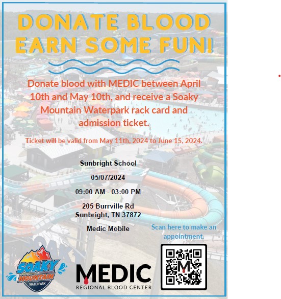 utk_uacs's tweet image. Donate blood and receive a ticket &amp;amp; rack card to Soaky Mountain Waterpark! Sunbright School has partnered with MEDIC to host a blood drive May 7th 9am to 3pm. The Medic bus will be located in front of the cafeteria.💉🩸 🎟🩱#uacsutk #uacssunbright #utknoxville #CommunitySchools
