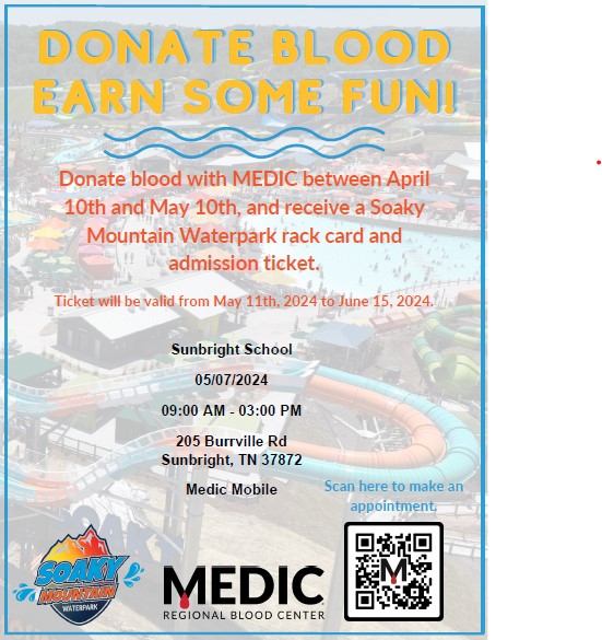 Donate blood and receive a ticket & rack card to Soaky Mountain Waterpark! Sunbright School has partnered with MEDIC to host a blood drive May 7th 9am to 3pm. The Medic bus will be located in front of the cafeteria.💉🩸 🎟🩱#uacsutk #uacssunbright #utknoxville #CommunitySchools