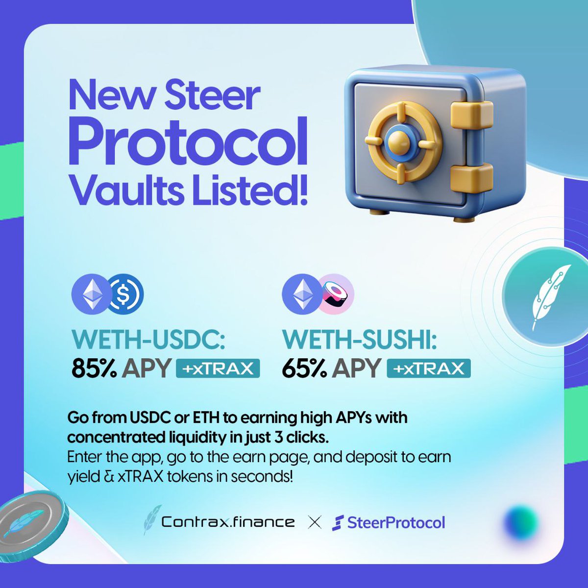 🎉 BIG NEWS: We've just listed the new Steer Vaults, now with the highest APYs yet! Get in now to secure your rewards on WETH-USDC and WETH-SUSHI pairs, and secure your incoming APY boost from the Arbitrum grant emissions. Don't miss out, enter the app and start earning today!…