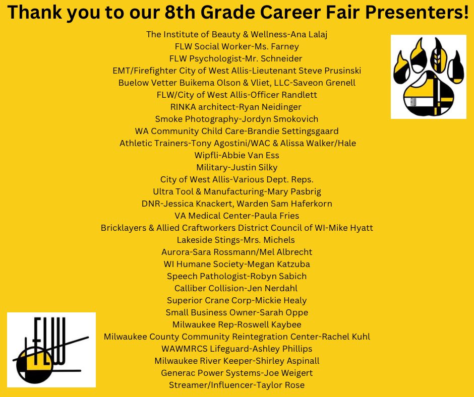 Our Annual 8th Grade Career Fair was a huge success!  Thank you to ALL our presenters!🖤💛 #flwwildcats #wildcatwow #wawmproud #TheWestWay #8thgradecareerfair #careerfair